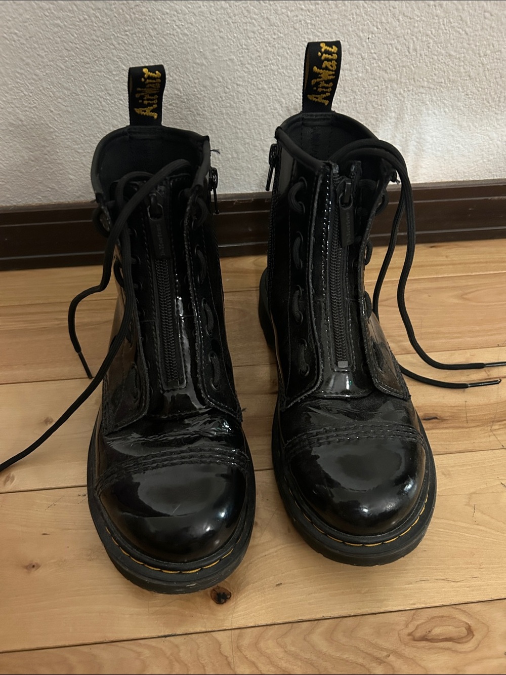 Dr. Martens Women's Black Patent Leather Front-Zip Lace Combat Boots